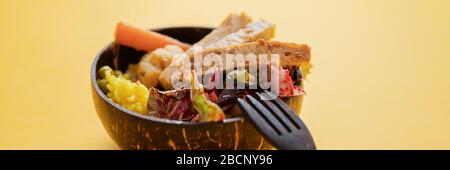 Nahaufnahme mit weiter Ansicht von köstlicher gemischter veganer Mahlzeit mit Tofu, Salat und Reis, serviert in einer Kokosnuss buddha-schüssel. Stockfoto