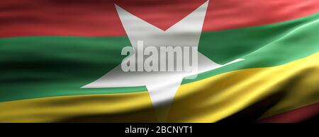 Symbol für Myanmar-Zeichen. Myanmar Nationalflaggen winken Texturhintergrund, Banner. 3D-Abbildung Stockfoto