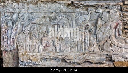 Carving Panel in Akropolis, Maya Ruinen in Tonina archäologische Stätte, in der Nähe von Ocosingo, Chiapas, Mexiko Stockfoto