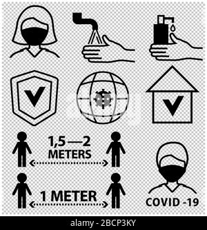 Schwarze Symbole für Linien. Abstand 1 Meter halten. Prävention COVID-19. Symbol für Coronavirus auf transparentem Hintergrund Stock Vektor