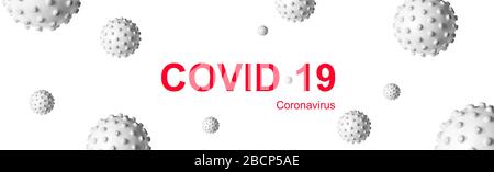 Panorama-Banner für COVID-19-Coronavirus-Stiftleiste, 3D-Abbildung. Graue Keime und Aufschrift COVID Coronavirus auf weißem Hintergrund. Konzept des Romans Stockfoto