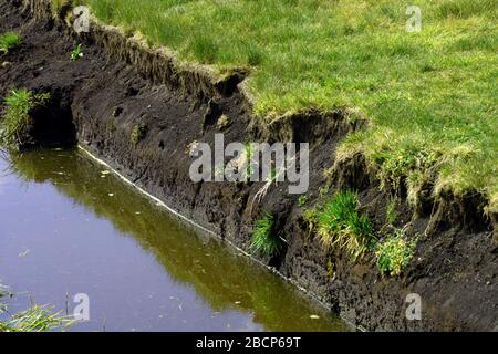 Torfabbau Nahaufnahme in Moorlandschaft an der Quelle, altes verlassenes Torfabbaugebiet Stockfoto