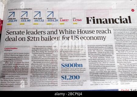 'Senate Leaders and White House REACH deal on 2 tn Dollar bailout for US Economy' Financial Headline Artikel in Guardian Zeitung 26. März 2020 London UK Stockfoto