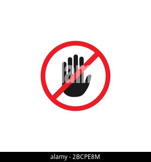 Schwarze Handsilhouette in rot gekreuztem Kreis isoliert auf weißem Hintergrund. Stopp, Ban, Blockzeichen. Symbol nicht berühren. Verbotsschild. Vektor illustrr Stock Vektor