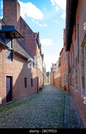 Leere Kopfsteinpflasterstraßen mit roten Ziegelsteinbauten aus der großen Leguine von Leuven, Belgien, an einem sonnigen Tag. Reisekonzept. Stockfoto