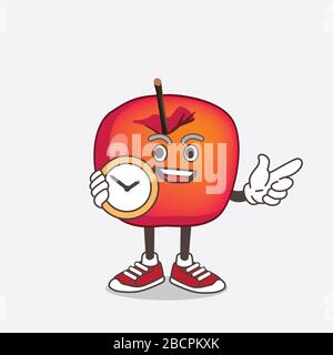 Eine Illustration von Crab Apple Cartoon Maskottchen Charakter hält eine Uhr Stockfoto