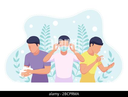 Personen, die eine Gesichtsmaske tragen - Hände waschen und mit Alkoholspray gegen COVID-19-Virus oder Coronavirus-Vorbeugung desinfizieren. COVID-19-Virus oder Coronavirus Stock Vektor