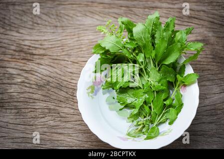 Heiliger Basilikumblatt Natur Gemüsegarten auf Schüssel und Holztisch Küche Kraut und Essen - Ocimum sanctum, grünes süßes Basilikum in thailand Stockfoto