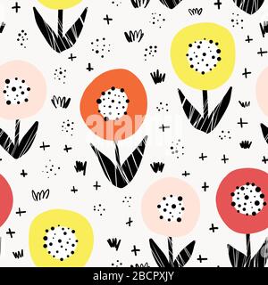 Nahtloses Blumenvektormuster. Auffälliger, flacher skandinavischer Floralblüter mit wiederholtem Hintergrund. Botanisch-minimalistischer Dotterblumen rosa orange gelb Stock Vektor