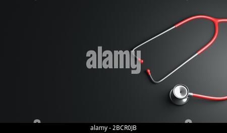 Rotes Stethoskop auf schwarzem Hintergrund. Gesundheitswesen. 3D-Rendering Stockfoto