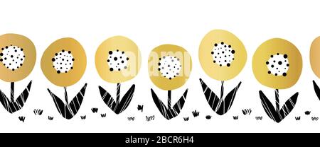 Nahtloser Vektorrahmen mit Goldfolie für Blumen. Süßes goldenes Blumenmuster aus Metall. Botanisch-minimalistische Dotterblüten glänzend goldschwarz auf Stock Vektor