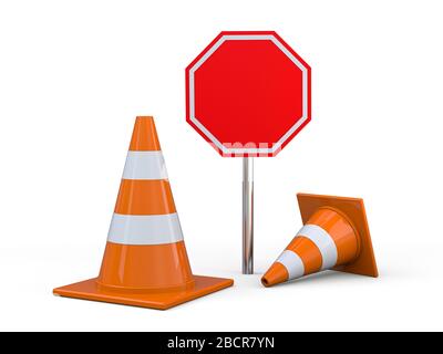 Anzeichen für Straßenarbeiten. Gefahrenwarnung. 3D-Rendering Stockfoto