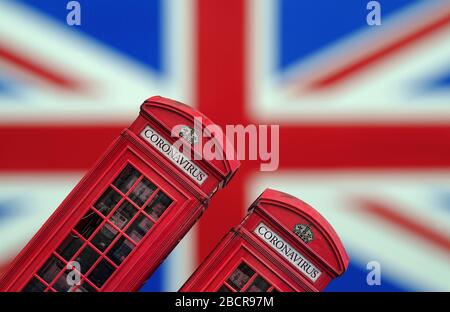 Coronavirus British Red Telephone Box auf Union Jack Hintergrund Stockfoto