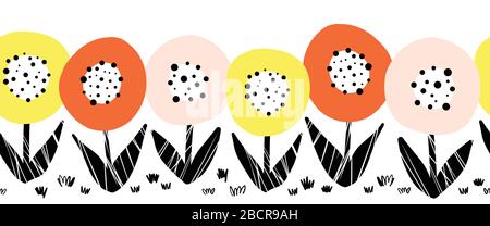 Nahtlose Blumenvektorgrenze. Süßes floralisches, flaches, sich wiederholendes Muster im skandinavischen Stil. Botanischer minimalistischer Dotterblumen pink orange gelb schwarz Stock Vektor