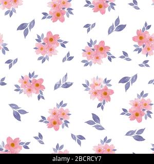 Nahtloser Blumenhintergrund mit rosafarbenen Blumen, zarten, rosafarbenen Blumen und blauen Indigo-Blättern, die isoliert auf Weiß liegen Stockfoto