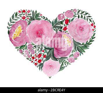 Aquarell Liebe Herz, Muttertag oder Valentinstag Symbol, Blumenstrauß aus rosafarbenen Rosen und Ponys in Herzform, handgemaltes Blumenherz Stockfoto