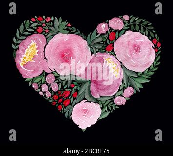 Aquarell Liebe Herz, Muttertag oder Valentinstag Symbol, Blumenstrauß aus rosa Rosen und Ponys in Herzform auf schwarzem Hintergrund, handgemalte Flora Stockfoto