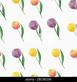 Bunte Tulpen nahtloser Hintergrund, Frühlings- oder Sommerdekoration für Stoff, Tapete, Geschenkverpackung oder Einladung, Retro-Oberflächenmuster Stockfoto