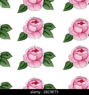 Nahtloses Muster mit rosafarbenen, pfirsichfarbenen Blumen, handgezeichnetes Aquarellmuster für Stoff, Einladung, Hintergründe, Wrapping Projekte, einfaches Blumenmuster Stockfoto