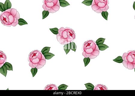 Nahtloses Muster mit rosafarbenen Ponyblumen, handgezeichnetes Aquarellmuster für Jubiläumskarte, Stoff, Einladung, Hintergründe, Wickelprojekt Stockfoto