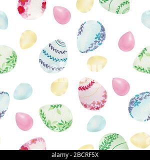 Nahtloses Wiederholungsmuster mit Aquarell Ostereier, Osterdekoration für Stoff, Wickelprojekte, Hintergründe, Tapete, Oberflächenmuster Stockfoto