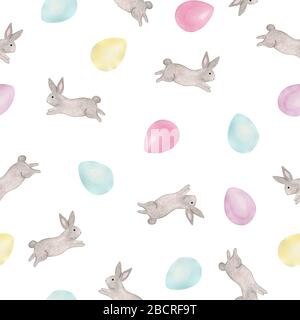 Easter Seamless Repeatmuster mit bunten und bunten Ostereiern, Aquarelldesign für Osterhintergründe, Wickelprojekt, Stoff oder Tapete Stockfoto