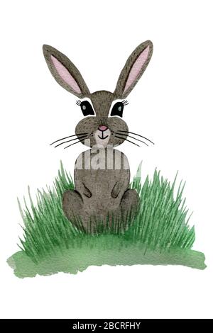 Watercolor Cartoon graues Kaninchen auf Gras, handgezeichnet süßes kindisches Häschen isoliert auf weißer, einfacher Tier-Cartoon Aquarell Illustration Stockfoto