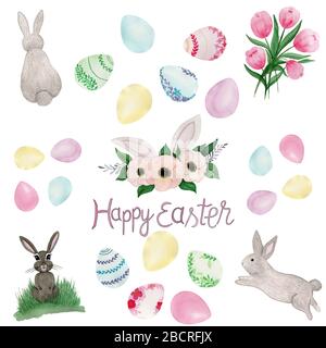 Aquarell Osterclip Kunst mit Eiern, Osterhase und Tulpenblumen, handgezeichnete Cartoon Osterelemente isoliert auf Weiß Stockfoto