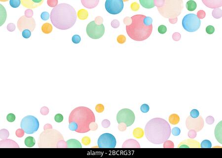 Aquarellrahmen mit bunten Blasen und Kopierraum, Kartendesign Illustration mit pastellfarbenen Punkten, Kartenvorlagendesign zum Jubiläum, Party Stockfoto