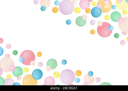 Aquarellrahmen bläst Hintergrund, Kartendesign Illustration mit pastellfarbenen Kreisen und Kopierraum, Kartenvorlage für Jubiläum, Party, Stockfoto
