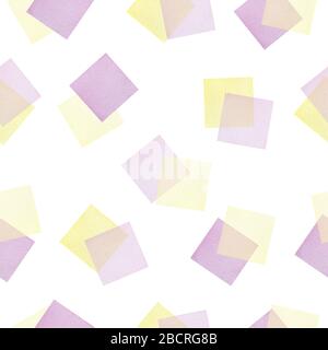 Nahtloses Wiederholungsmuster mit Aquarellfeldern in violetten und gelben Farbtönen, hellem und fröhlichem Muster für Hintergründe und umhüllende Projekte Stockfoto