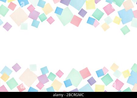 Abstrakter geometrischer Hintergrund mit Quadraten, Aquarellrahmen mit bunten Quadraten und Kopierraum, Kartendesign-Illustration mit pastellfarbenem Quadrat Stockfoto
