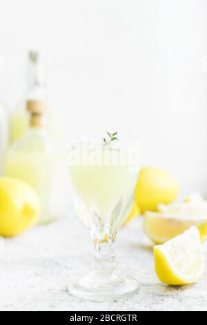 Traditioneller hausgemachter Zitronenlikör Limoncello und frische Zitrusfrüchte auf dem Tisch. Italienisches traditionelles Likörlimoncello mit Thymian. Italienisches alkoholisches Beve Stockfoto