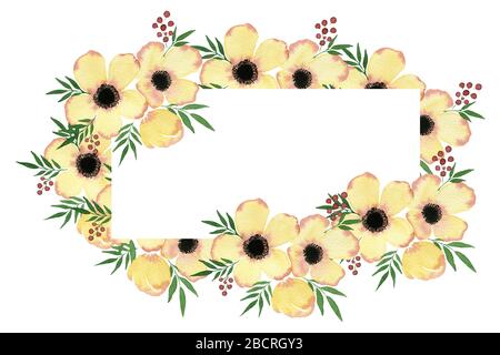 Muttertag Blumenrahmen mit Anemonenblumen, Frühlings-Blumendeko mit Textraum, elegante Schmuckvorlage für Wasserfarben Stockfoto