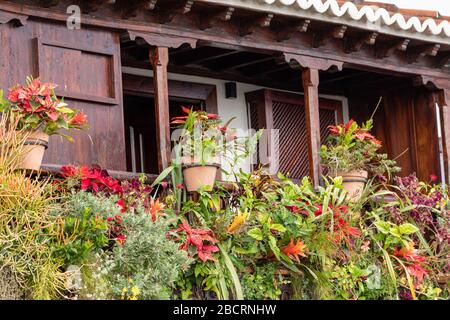 Berühmte farbenfrohe Balkone mit Blumen. Santa Cruz - Hauptstadt der Insel La Palma, Kanarische Inseln, Spanien. Stockfoto