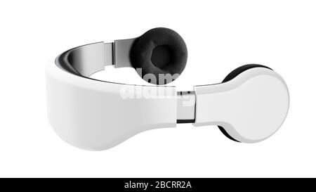 Weiße Virtual Reality Brille mit Kopfhörer, minimalistisches modernes Design. Futuristische Kopfausstattung mit drahtloser Verbindung, hochauflösendem Bildschirm Stockfoto