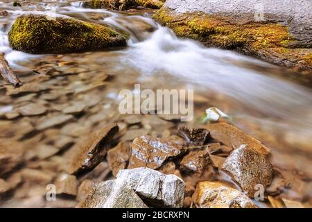 Detail des Bergstroms über die Felsen in der Herbstsaison Stockfoto