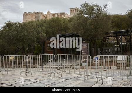 Eingang Akropolis, geschlossenes Coronavirus Stockfoto