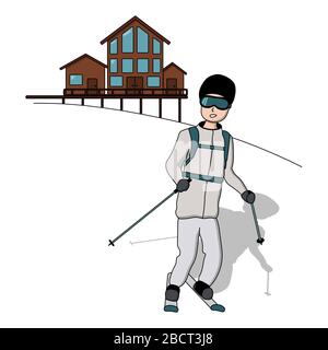 Skifahren in den Bergen. Skigebiet. Weißer Hintergrund isolierte Stock-Vektor-Illustration Stock Vektor