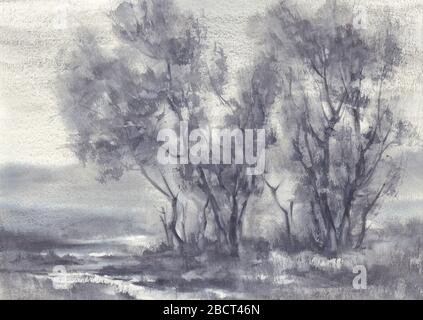Landschaft mit Bäumen in grauem Aquarellhintergrund Stockfoto