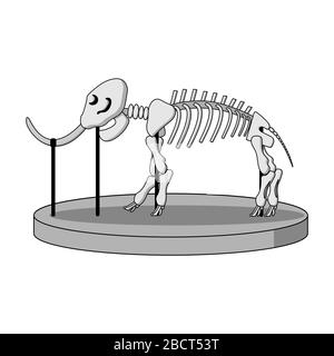 Cartoon-Skelett von Mammut über Paläontologie im Museum für Vorgeschichte. Weißer Hintergrund isolierte Stock Vektor Illustration Stock Vektor