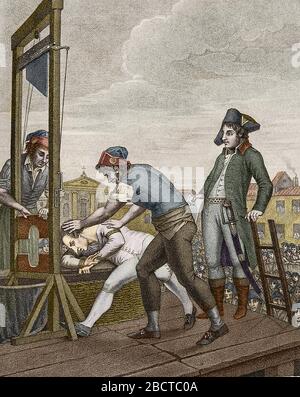 Revolution francaise: L'execution de Maximilian de Robespierre (1758-1794) a la guillotine le 28/07/1704 sur la Place de la Concorde' Gravure - Fren Stockfoto