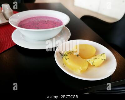 Traditionelle litauische kalte Suppe namens Saltibarsciai aus Gurke, Rüben, Dill, Eier Stockfoto