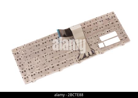 Die Rückseite des Laptop-Tastaturaustauschs ist auf dem weißen Hintergrund isoliert Stockfoto