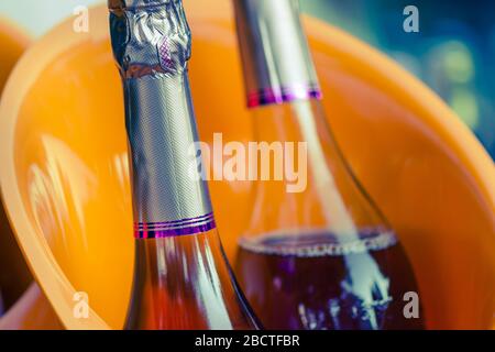 Korkierte Weinflaschen werden in einem Eiskübel gekühlt. Urlaubsatmosphäre. Alkohol trinken im Freien. Hochzeitsfeier. Stockfoto