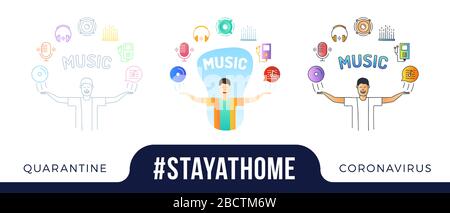 "Stay at home Concept Illustration". Charakter mit den Händen nach oben und nach oben Symbole sind in einem Halbkreis über dem Kopf angeordnet. Coronavirus oder Covid-19 Stock Vektor