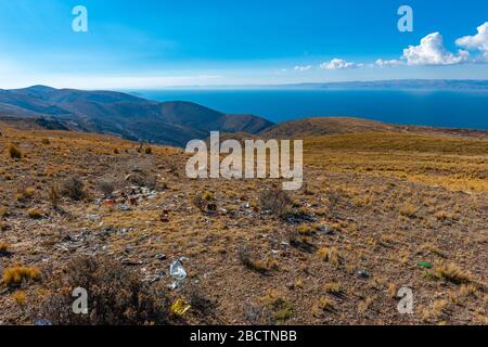 Ländliche Landschaft auf der Halbinsel Copaba auf einer Höhe von rund 4.000 m, Departement La Paz, Bolivien, Lateinamerika Stockfoto