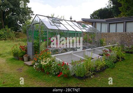 Blick auf das Gewächshaus im restaurierten Garten von Monk's House, einst das Zuhause von Virginia Woolf, Rodmell East Sussex, Großbritannien Stockfoto