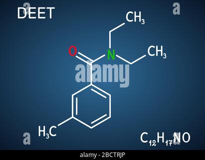 DEET, Diethyltoluamid, N,N-Diethyl-Meta-Toluamid, C12H17NO-Molekül. Es ist Wirkstoff in Insektenschutzmitteln. Strukturelle chemische Formel auf der TH Stock Vektor