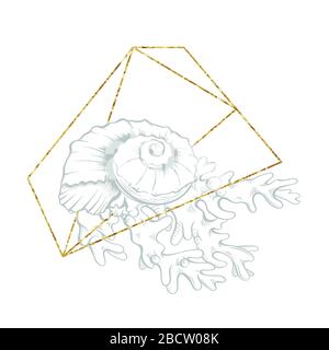 Skizze in goldenem, geometrischem Kristalllinienrahmen, Vektoranordnung. Ozeanseisell und Korallengravur in goldenem Rand mit Folientextur, Unterwasserdesign in handgezeichneter Schraffur Stock Vektor